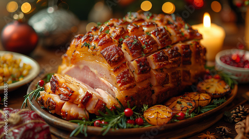 Celebrate the holidays with the savory aroma of homemade baked ham gracing your New Year's Christmas table in a festive setting. This classic holiday dish, baked to perfection and glazed with flavorfu