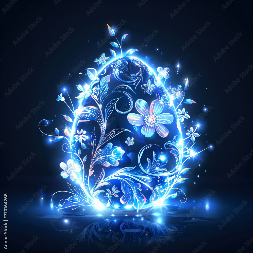 Glowing and shining blue Easter egg with rustic floral pattern on dark background. Folk concept. Elegant design template for invitation, greeting card, flyer, banner, poster - obrazy, fototapety, plakaty 