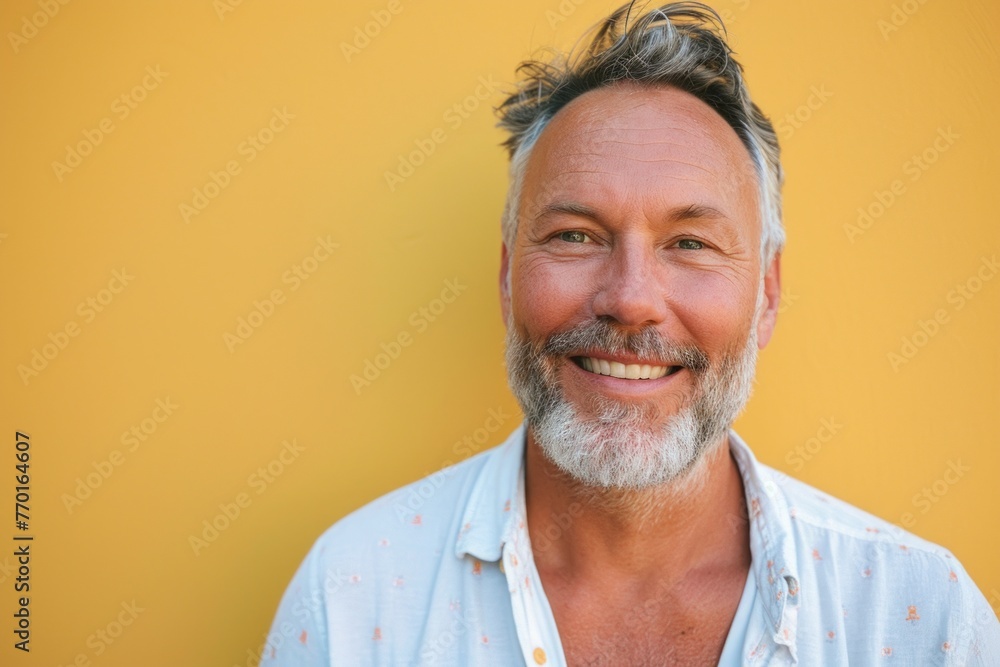 Handsome middle-aged man with white beard on yellow background Handsome middle-aged man with white beard on yellow background
