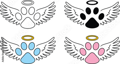 Paw Print Pet Memorial with Angel Wings and Halo Clipart Set - Outline, Silhouette & Color