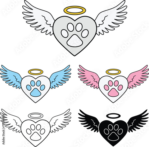 Paw Print Pet Memorial Heart with Angel Wings and Halo Clipart Set - Outline, Silhouette & Color