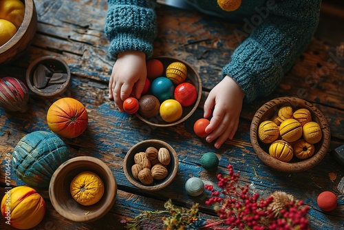 Toddler activity for motor and sensory development. Baby hands with different colorful wooden toys on table  photo