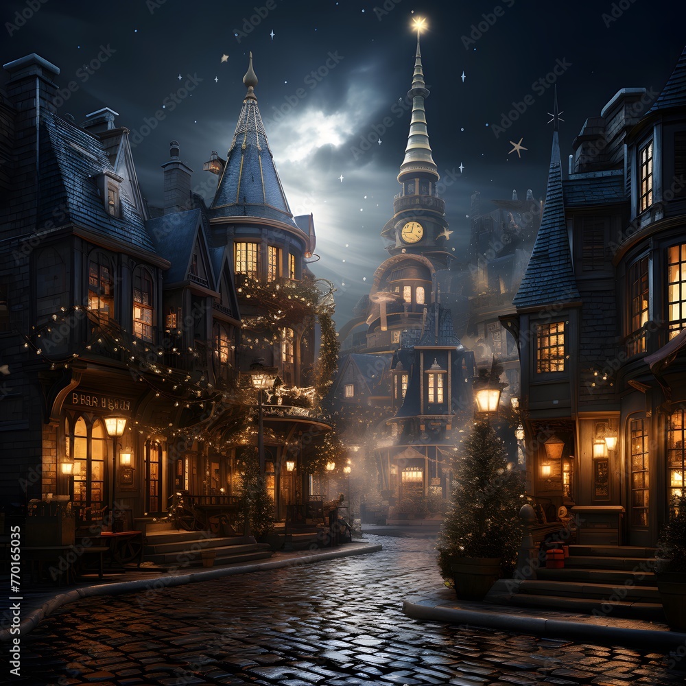 Illustration of an old town street at night with lights and christmas decorations