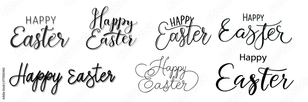 Set happy Easter black linear lettering with swooshes. Hand drawn elegant modern vector calligraphy. Design for holiday greeting card and invitation of the happy Easter day. Set happy Easter black linear lettering with swooshes. Hand drawn elegant modern vector calligraphy. Design for holiday greeting card and invitation of the happy Easter day.