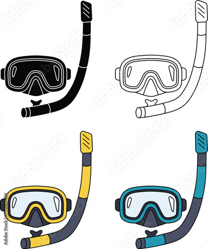 Snorkeling / Scuba Diving Mask and Snorkel Vector Clipart Set - Outline, Silhouette & Color