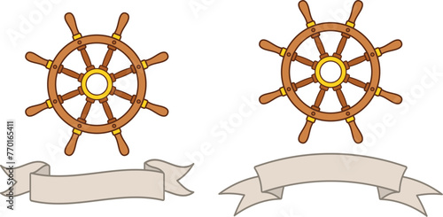 Ship's Captain Wheel with Ribbon Banner Label Clipart Set