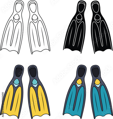 Snorkeling / Scuba Diving Flippers Vector Clipart Set - Outline, Silhouette & Color