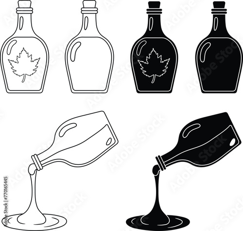 Maple Syrup Bottle Vector Clipart with Upright and Pouring - Outline and Silhouette