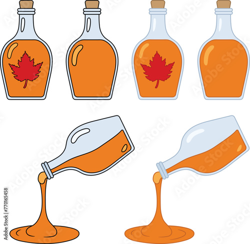 Maple Syrup Bottle Vector Clipart - Upright and Pouring Out