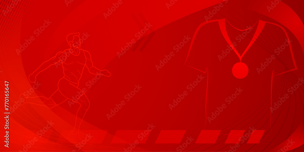 Runner themed background in red tones with abstract curves and dots, with sport symbols such as a male athlete, running track and a medal