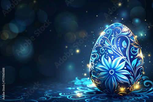 Glowing and shining blue Easter egg with rustic floral pattern on dark background. Folk concept. Elegant design template for invitation, greeting card, flyer, banner, poster