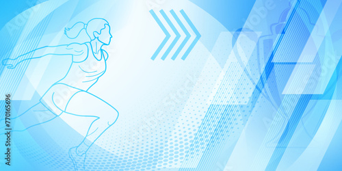 Runner themed background in light blue tones with abstract curves and dots, with sport symbols such as a female athlete and a cup