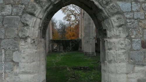 Ruins of medieval Abbaye Notre-Dame du Lys in France on a gray autumn day and colorful autumn leaves
