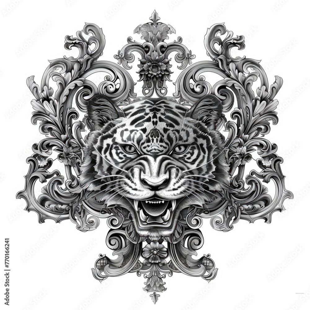 A black and white drawing of a tiger, ornamental stylization with floral elements. A black and white drawing of a tiger, ornamental stylization with floral elements.