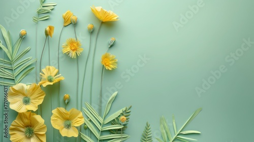 Green grass and yellow flowers on light green background minimal top view flat lay with top copy space #770166431