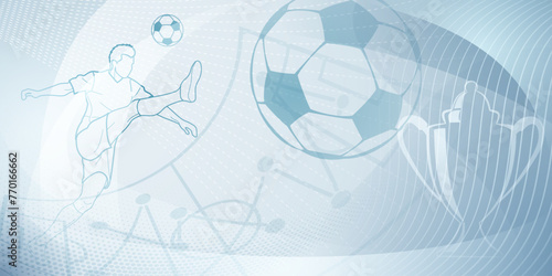 Football themed background in gray tones with abstract lines and curves, with sport symbols such as a football player, stadium, ball and cup photo