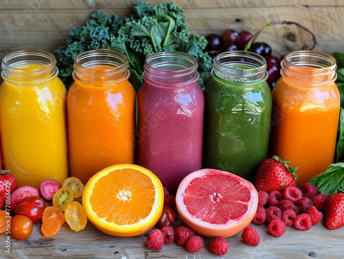 A row of colorful fruit smoothies are displayed on a wooden table
