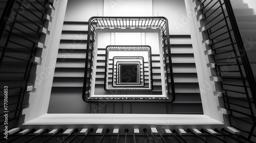 A black and white photo looking down in a square staircase in a building.