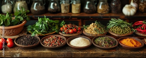 A variety of spices and herbs are displayed on a wooden table
