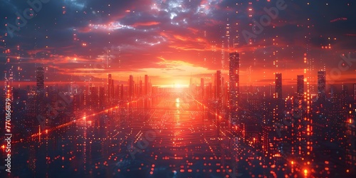 Digital Elements in Future Cityscape: Exploring Virtual Reality, Cyber Security, and Quantum Computing. Concept Future Technology, Virtual Reality, Cyber Security, Quantum Computing