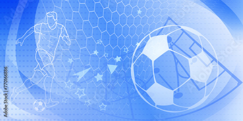 Football themed background in blue tones with abstract meshes and curves, with sport symbols such as a football player, ball and stadium