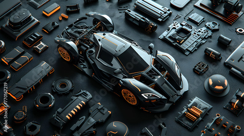 New age of automotive parts and panel design. automotive design and engineering. Black background. automotive parts, Generative AI  photo