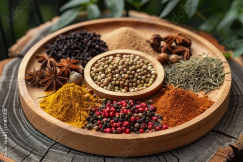 A variety of colorful spices displayed in wooden bowls on a kitchen board  ready for culinary use.