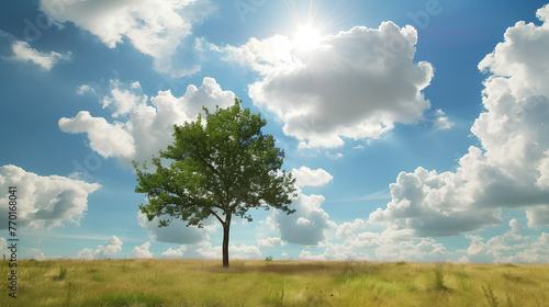 A tree stands in a field of grass with a blue sky above. The sky is filled with clouds, creating a peaceful and serene atmosphere