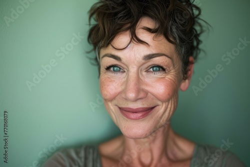 Portrait of a beautiful middle aged woman smiling at the camera with a green background