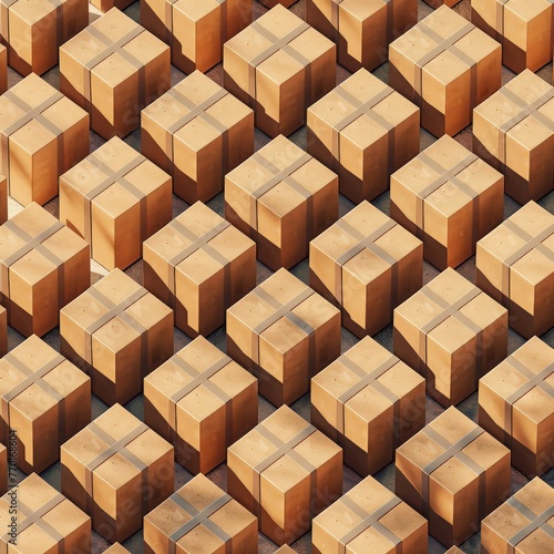 A row of brown boxes are stacked in a pattern