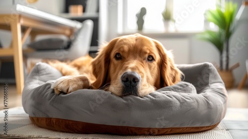Golden Retriever Lounging in Cozy Dog Bed. A relaxed golden retriever lies in a plush dog bed, looking at the camera with a gentle gaze, embodying comfort and serenity at home.