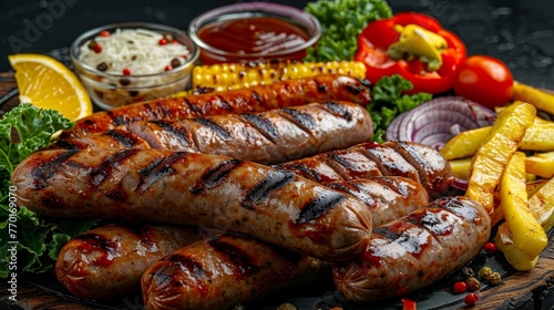 Delicious bbq dinner spread with grilled sausages on table, clean and tidy scene, realistic style