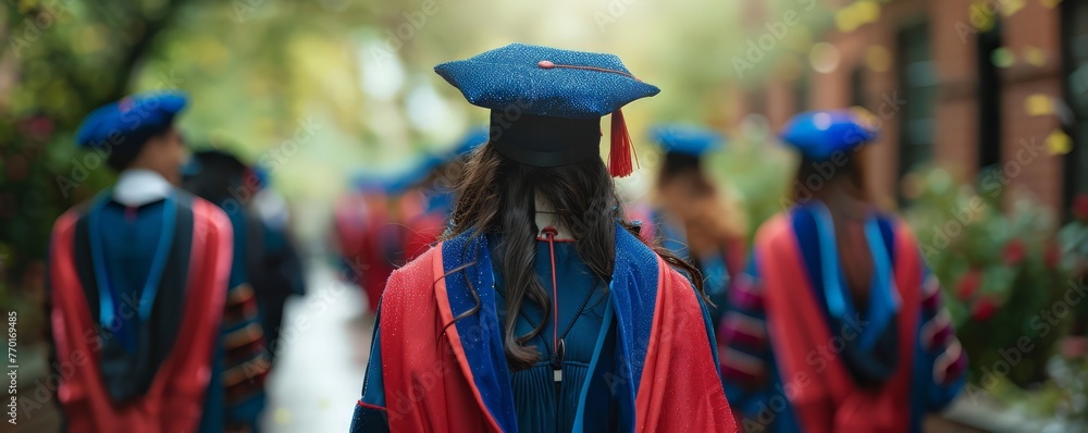 Graduates walking in academic procession, traditional regalia, proud momen