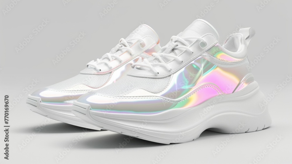Blank mockup of a pair of chunky white sneakers with a holographic panel on the sides Blank mockup of a pair of chunky white sneakers with a holographic panel on the sides