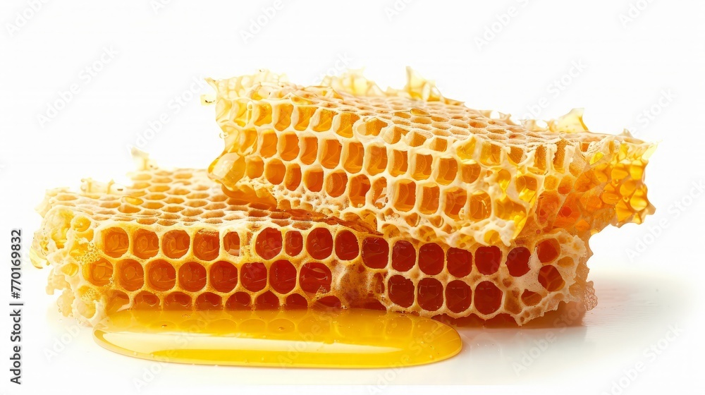Honeycombs and sweet sticky honey puddle isolated on white background. Honeycombs and sweet sticky honey puddle isolated on white background.
