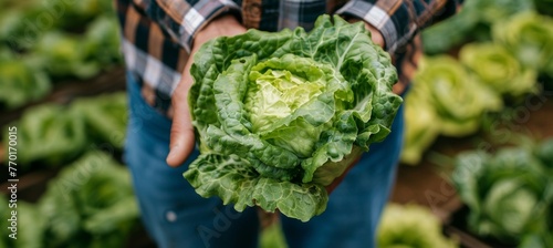 Freshly picked crisp lettuce leaves held in hand, with blurred background, ideal for text placement