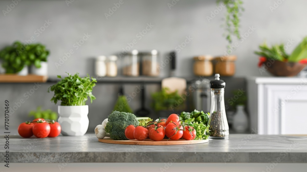 Fresh clean vegetables being put on a kitchen desk top, ready for cooking, front view of modern kitchen countertop with domestic culinary utensils on it, Fresh clean vegetables being put on a kitchen desk top, ready for cooking, front view of modern kitchen countertop with domestic culinary utensils on it,