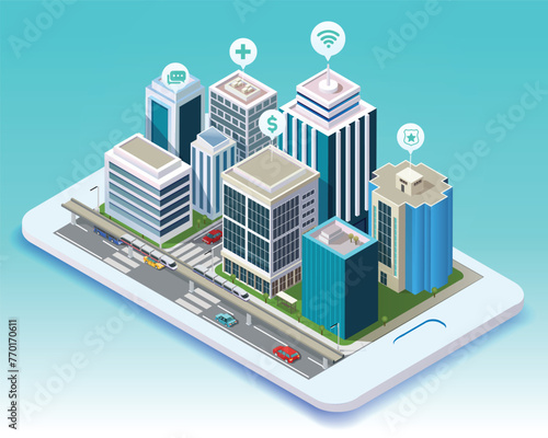 sometric illustration of smart city mobile app on tablet