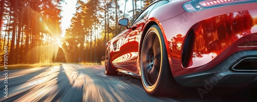 A red sports car is speeding down a road with the sun shining on it