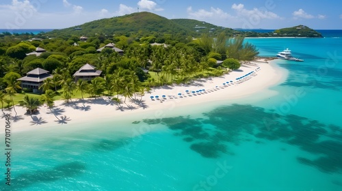 Aerial view of beautiful tropical island with white sand beach and turquoise sea