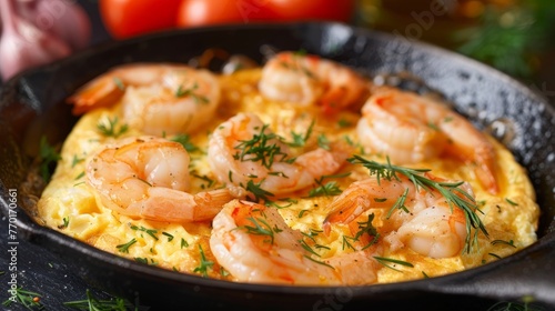 homemade creamy omelet with shrimps or scrambled eggs and shrimps