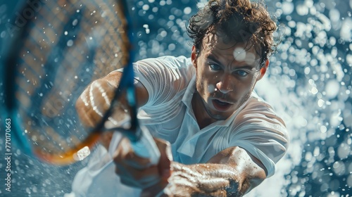 A man in a white shirt is playing tennis in the water