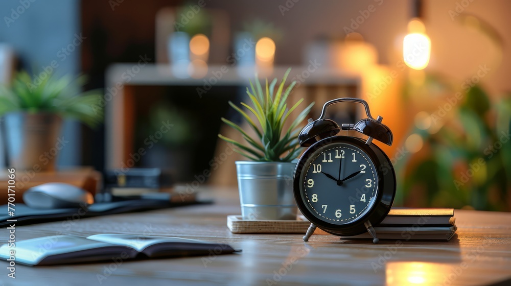 A black alarm clock sits on a table next to a potted plant A black alarm clock sits on a table next to a potted plant