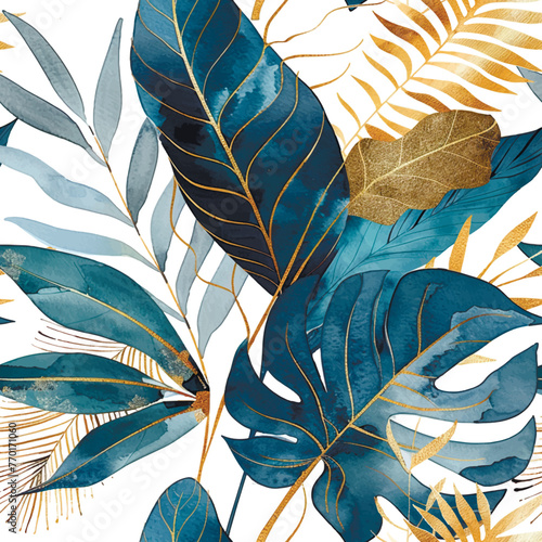 Watercolor botanical seamless pattern with tropical palm monstera leaves, gold lines. Vector leafy painted beautiful background. Floral pattern. Trendy abstract arrangements with tropical plants