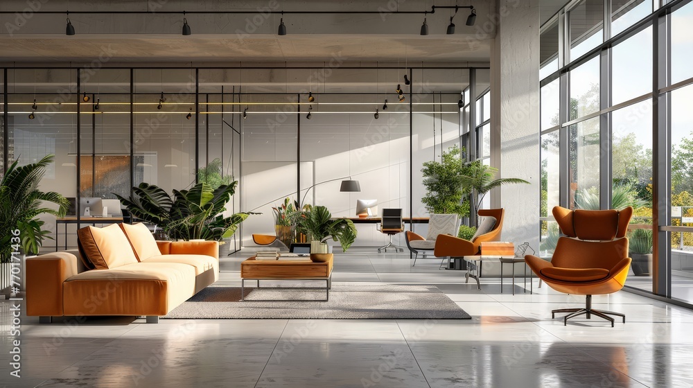 A modern office space with a large window and a lot of greenery