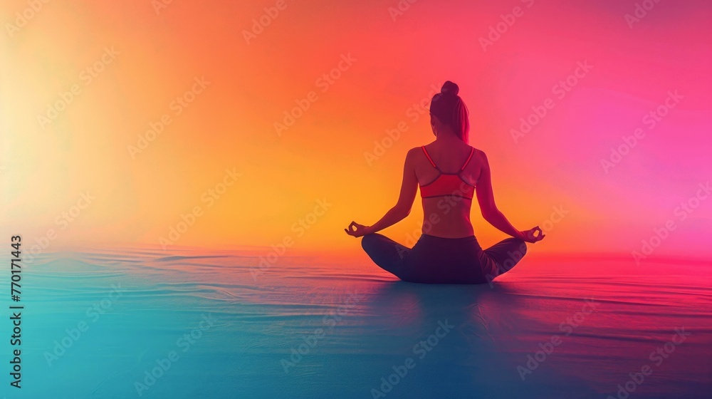 A social media graphic promoting a yoga app, with a calm, glowing gradient backdrop