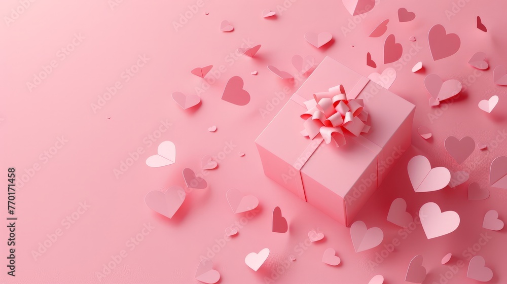 Valentines hearts with gift box postcard. Paper flying elements on pink background. Valentines hearts with gift box postcard. Paper flying elements on pink background.