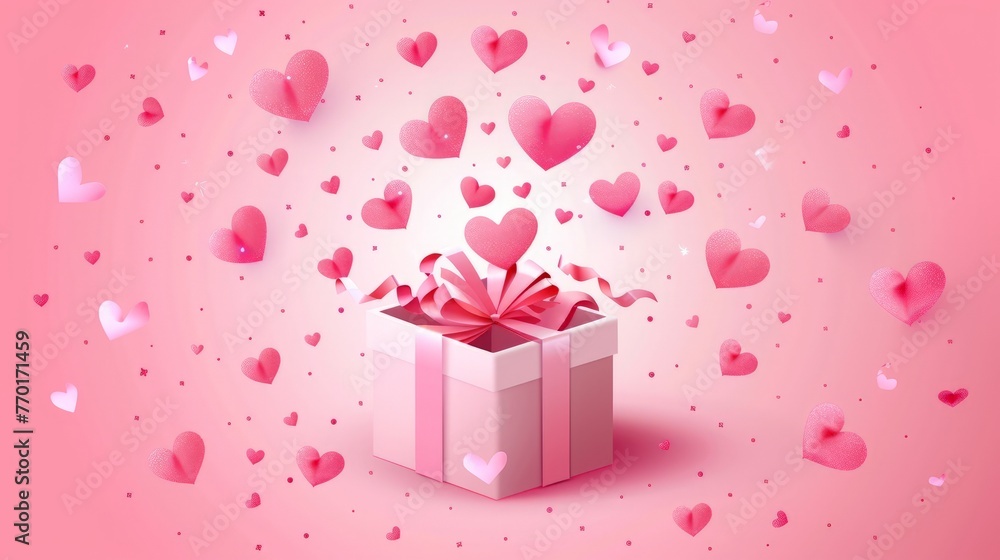Fototapeta premium Valentines hearts with gift box postcard. Paper flying elements on pink background.