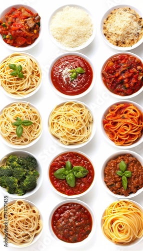 Delicious spaghetti dishes featuring various pasta shapes and sauces on a bright white background