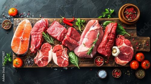 Selection of assorted raw meat food with seasonings photo